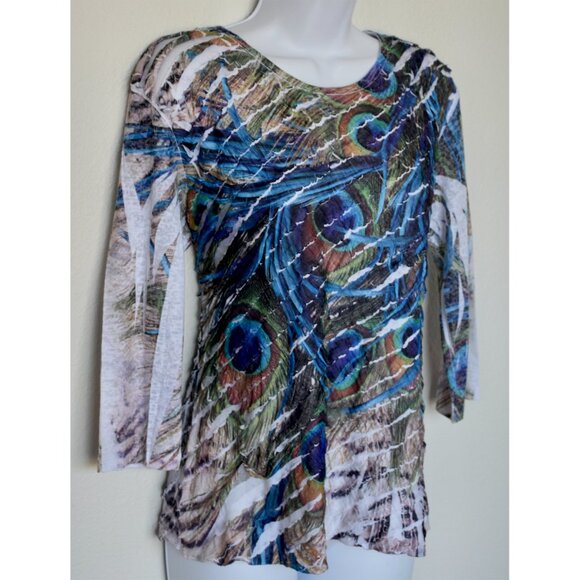 CURRENT/ELLIOTT RUFFLED BOAT NECK 3/4 SLEEVE PEACOCK PRINT MULTI BLOUSE. SIZE S - Picture 2 of 8